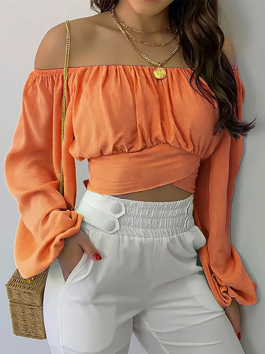 Off-Shoulder Lantern-Sleeve Crop Blouse