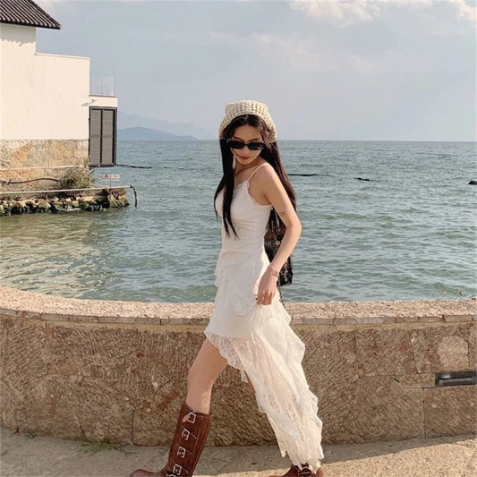 Ruffled White Lace Dress