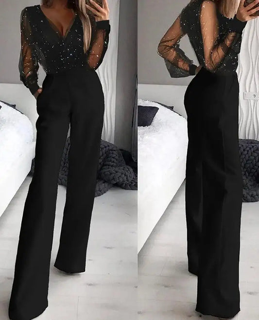 Long-Sleeve Mesh Sequin Jumpsuit