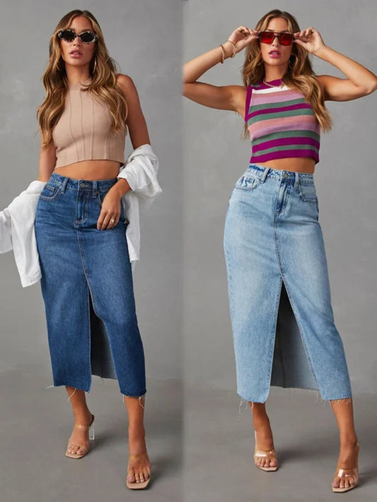Split Washed Denim Skirt