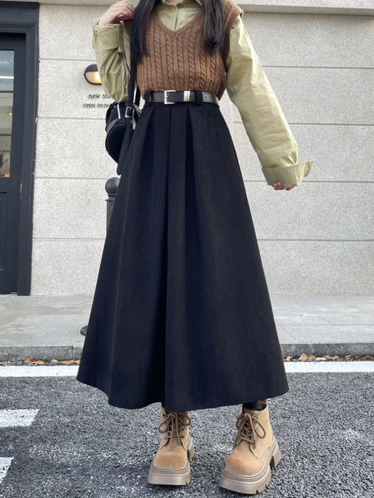 Corduroy Belted Pleated Skirt