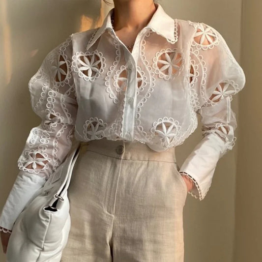 Embroidered Lace Button-Up Blouse