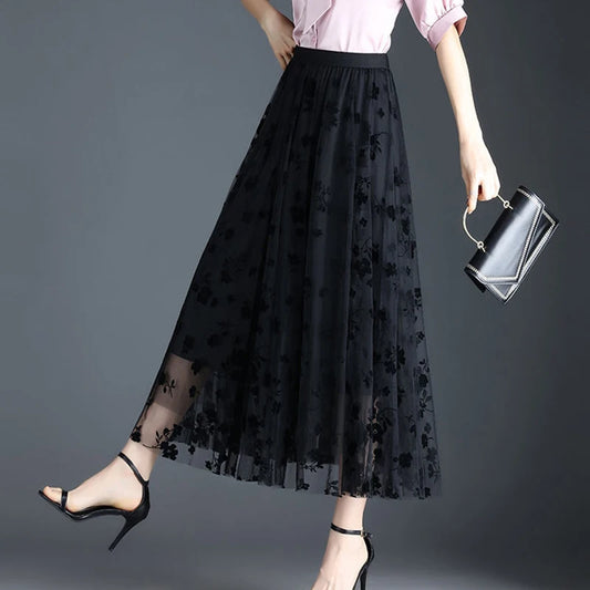 Floral Tulle Midi Skirt