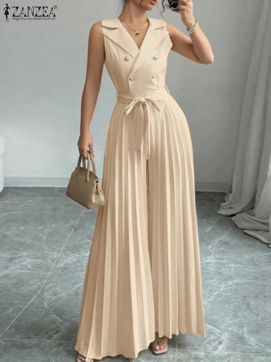 Pleated Sleeveless Office Jumpsuit