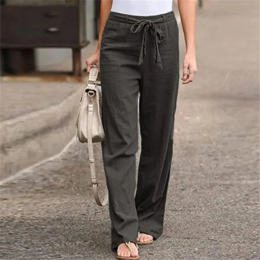 Lace-Up Cotton-Linen Wide-Leg Pants