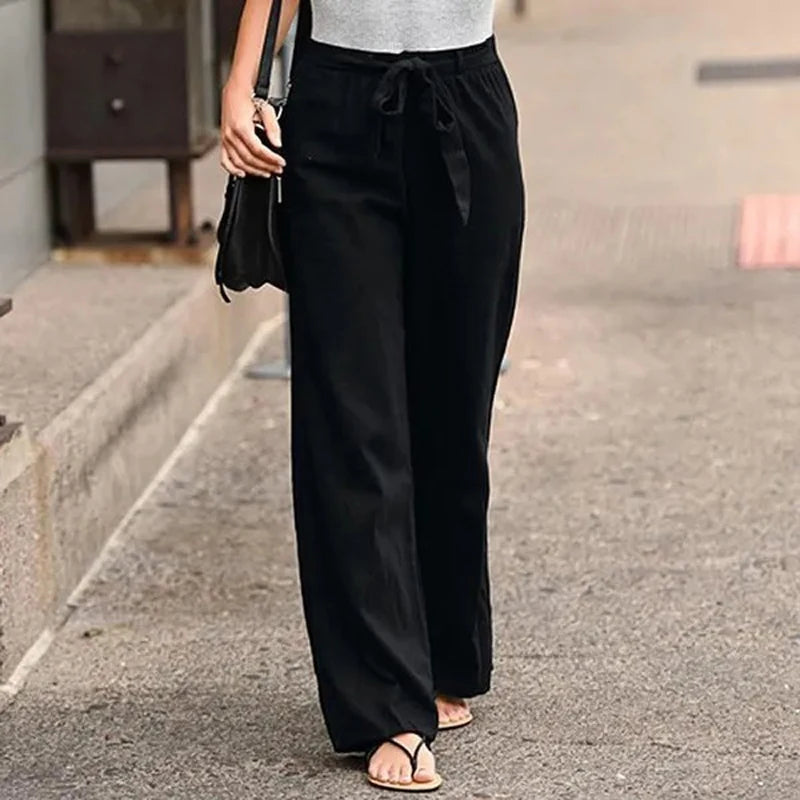 Lace-Up Cotton-Linen Wide-Leg Pants