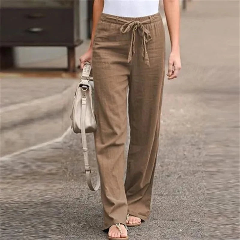 Lace-Up Cotton-Linen Wide-Leg Pants