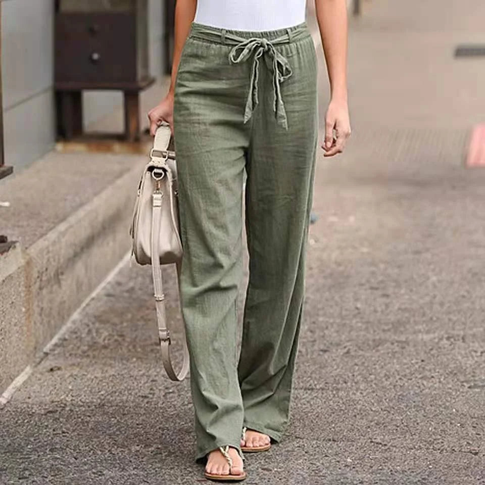 Lace-Up Cotton-Linen Wide-Leg Pants