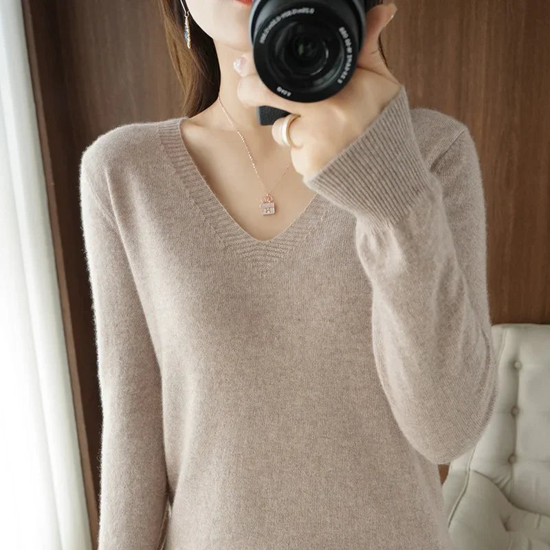 V-Neck High-Stretch Knit Sweater