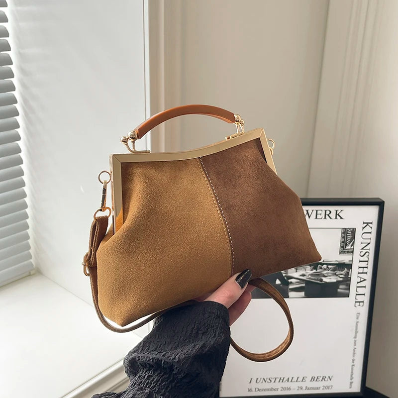 Suede Wooden Handle Handbag