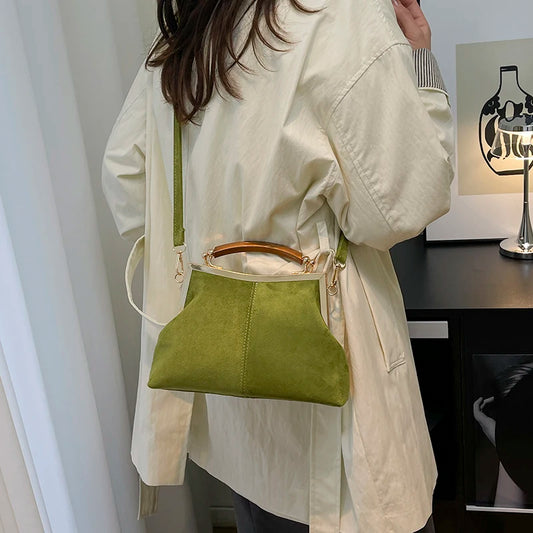 Suede Wooden Handle Handbag