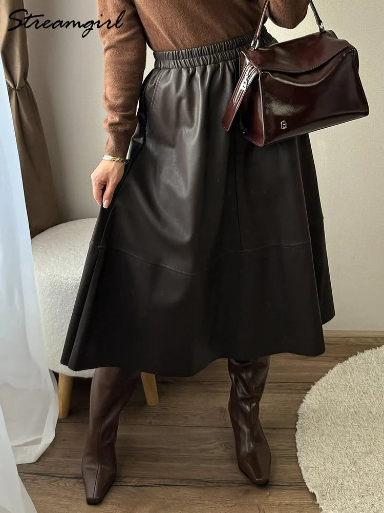 Pocketed Leather Midi Skirt