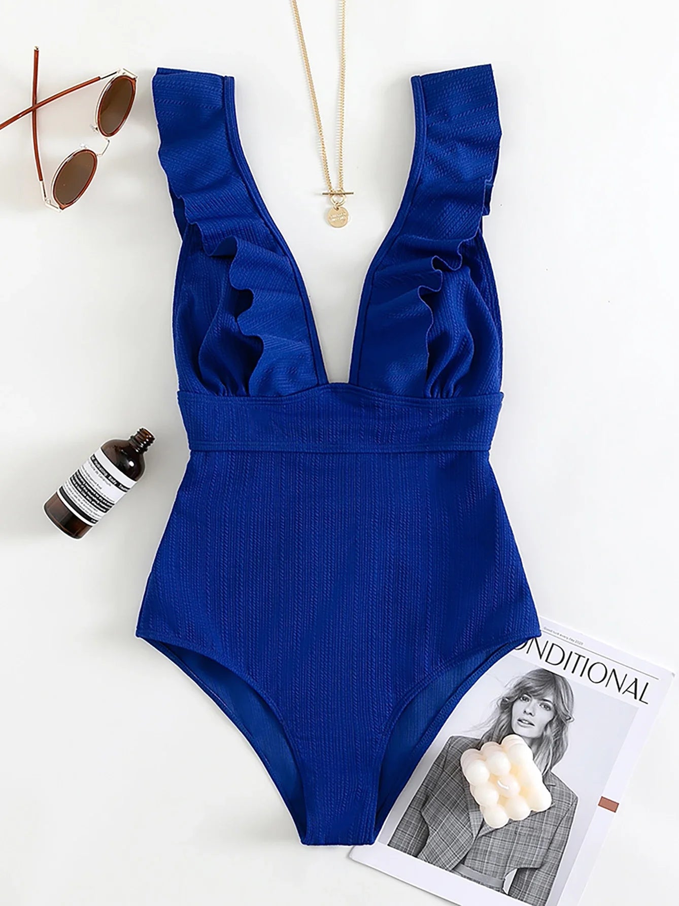 Ruffled Deep-V One-Piece Swimsuit