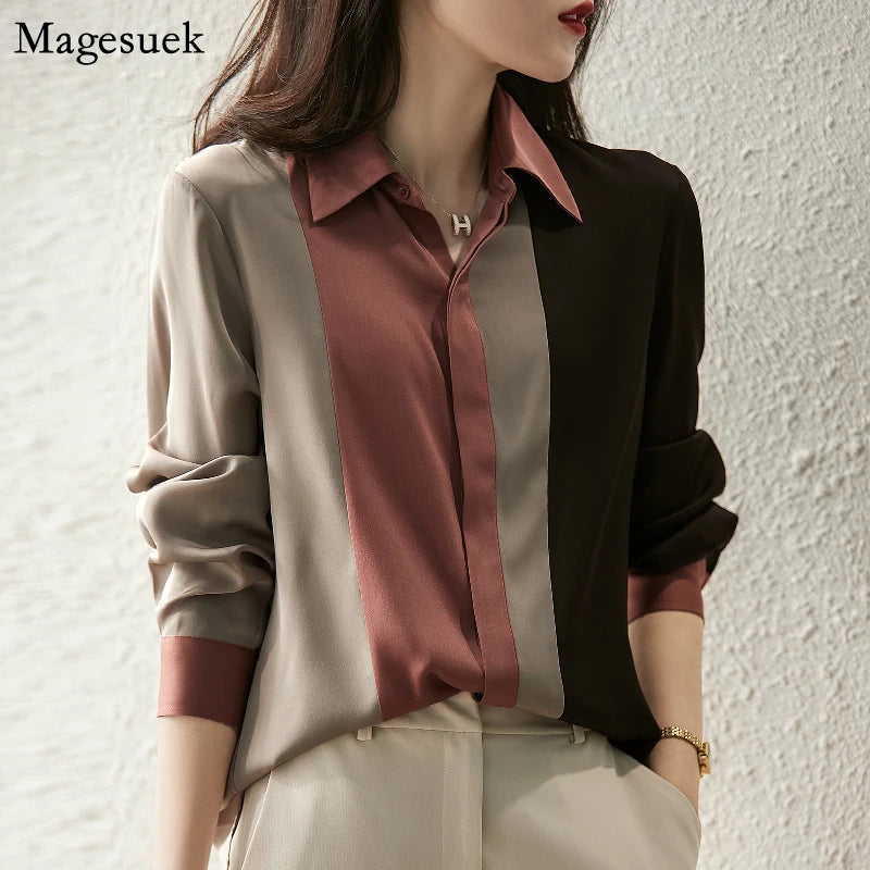 Satin Button-Front Office Blouse