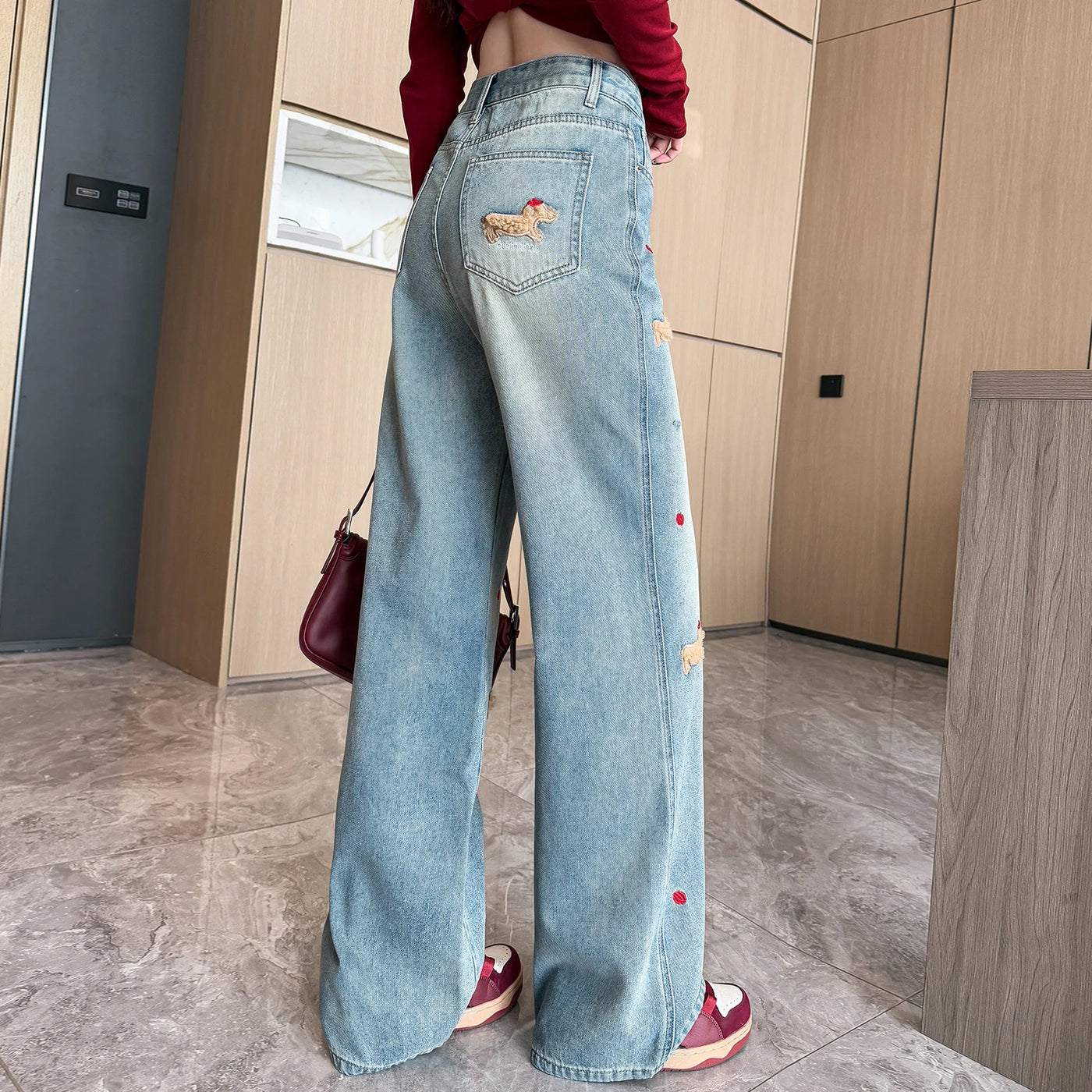 Embroidered Dog Straight-Leg Jeans