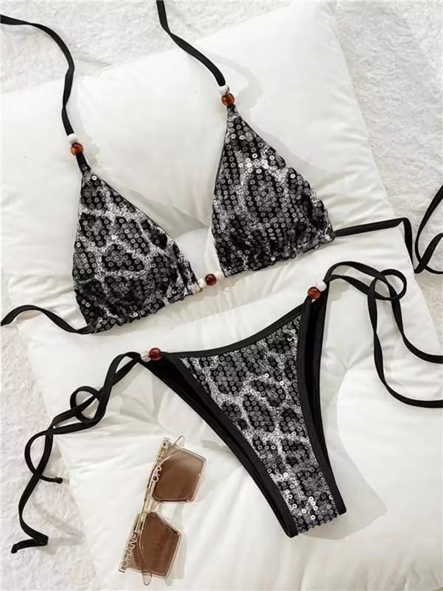 Sequin Leopard Halter Bikini