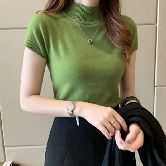 Stretch Turtleneck Short-Sleeve Top