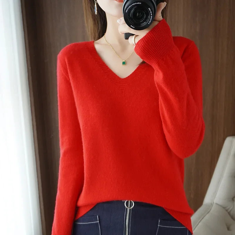 V-Neck High-Stretch Knit Sweater
