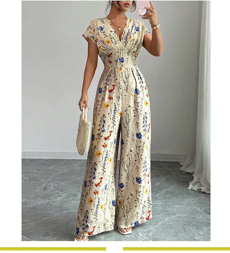 Floral Short-Sleeve Office Jumpsuit