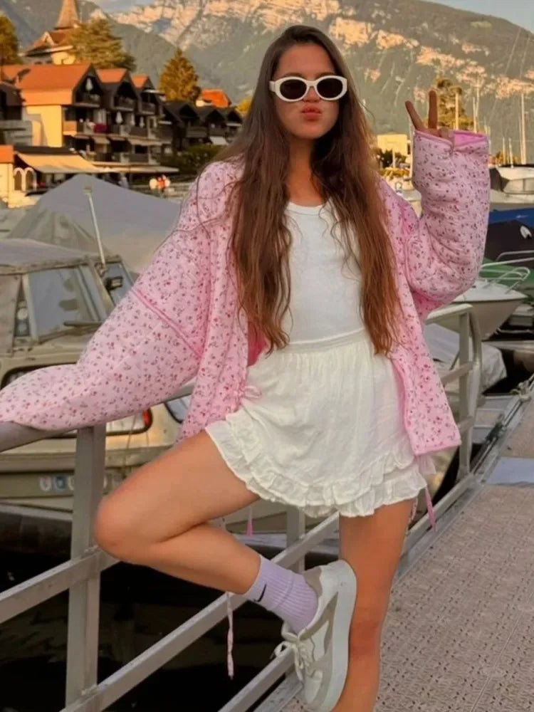 Floral Cotton-Padded Lace-Up Jacket