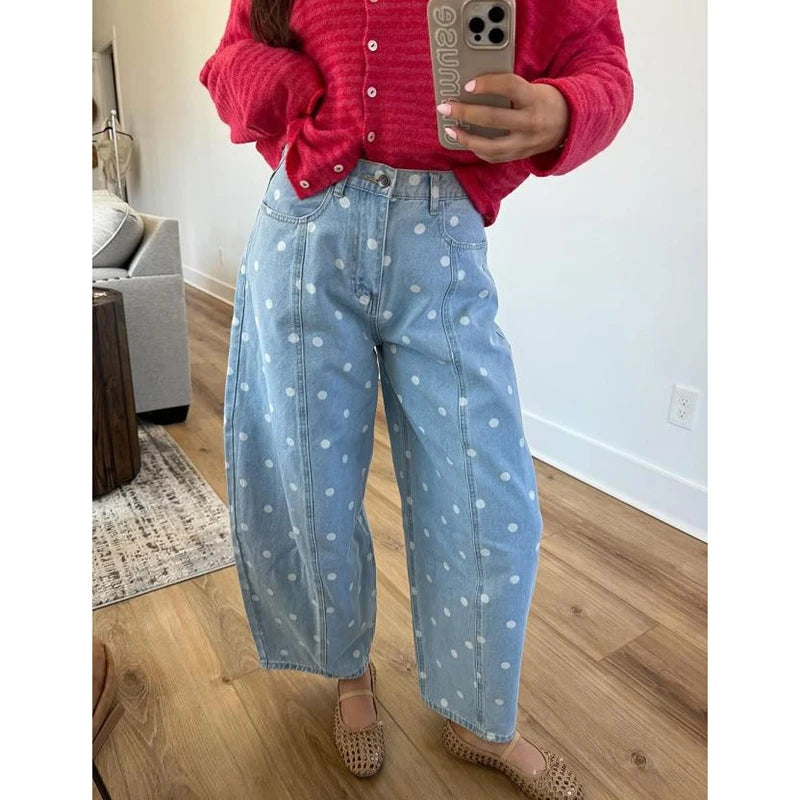 Dotted Barrel-Leg Denim Jeans