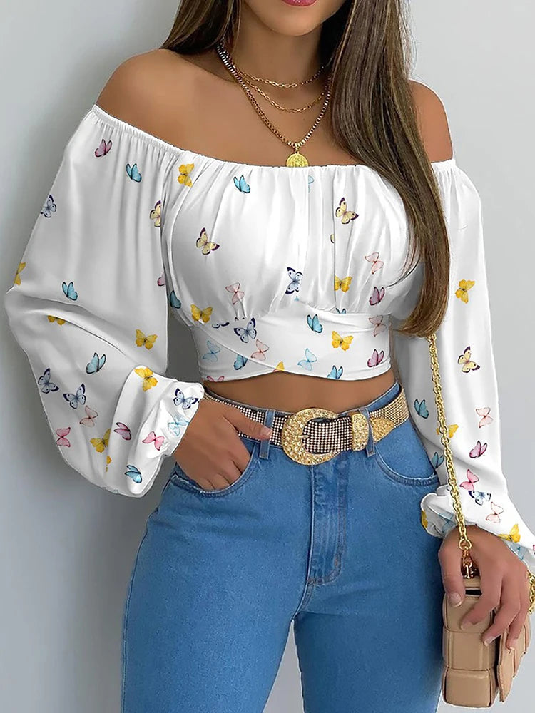 Off-Shoulder Lantern-Sleeve Crop Blouse