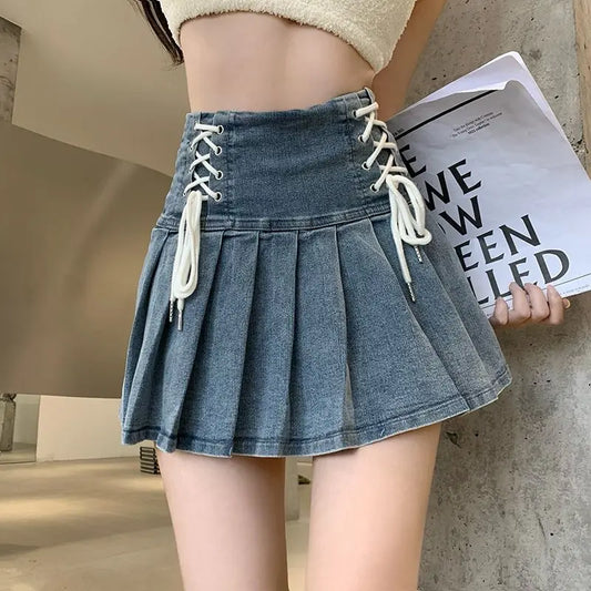 Lace-Up Pleated Denim Skirt