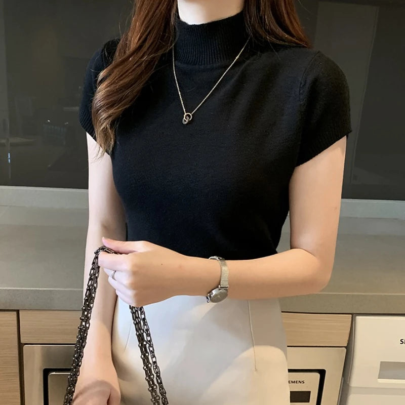 Stretch Turtleneck Short-Sleeve Top