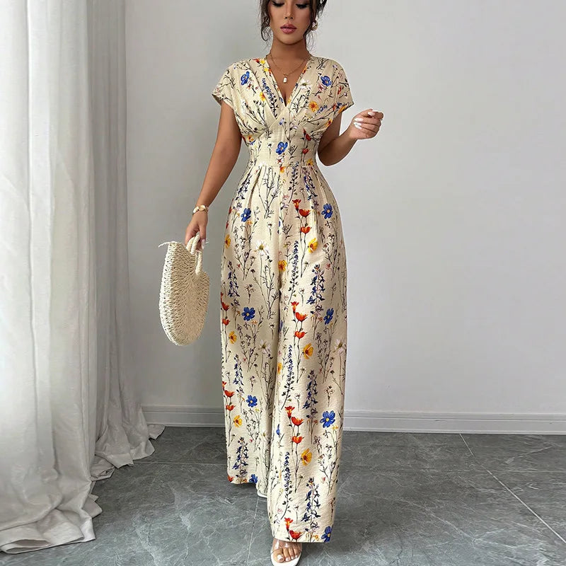 Floral Short-Sleeve Office Jumpsuit