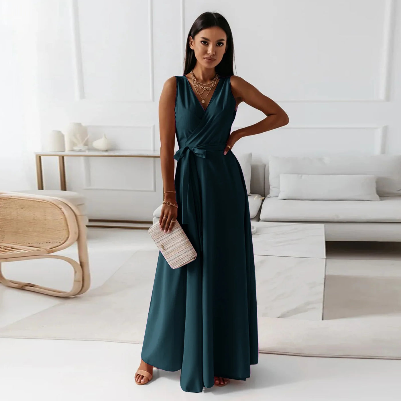 Lace-Up V-Neck Maxi Dress