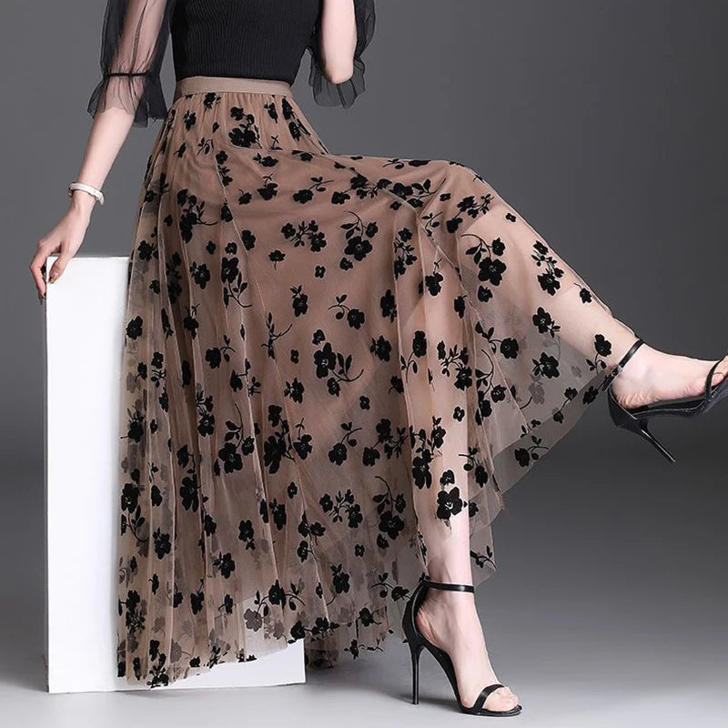Floral Tulle Midi Skirt
