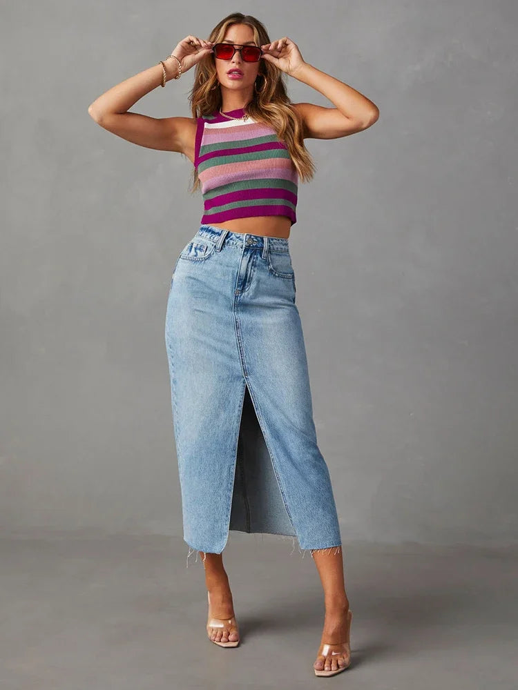 Split Washed Denim Skirt