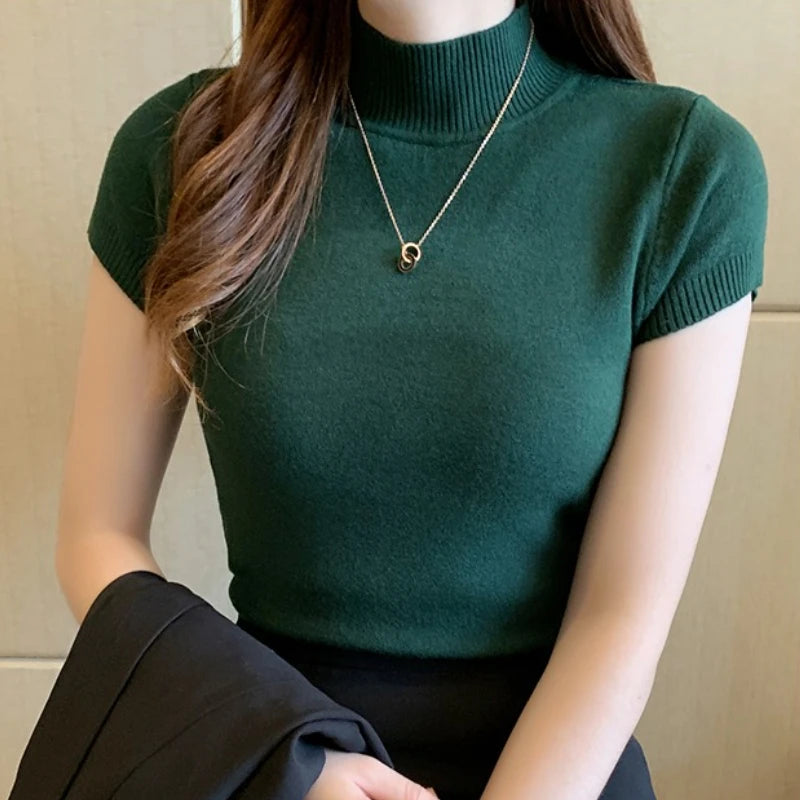 Stretch Turtleneck Short-Sleeve Top