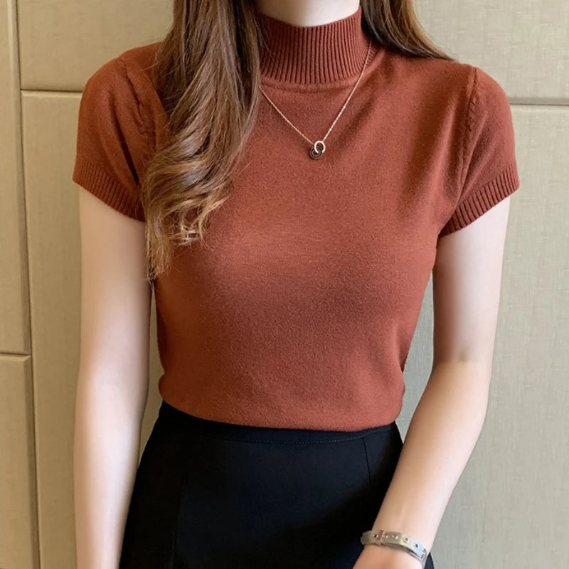 Stretch Turtleneck Short-Sleeve Top