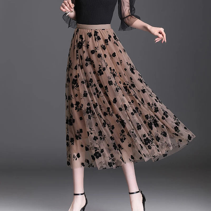 Floral Tulle Midi Skirt