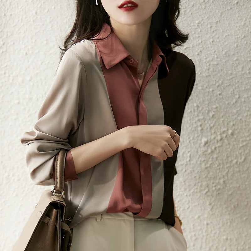 Satin Button-Front Office Blouse
