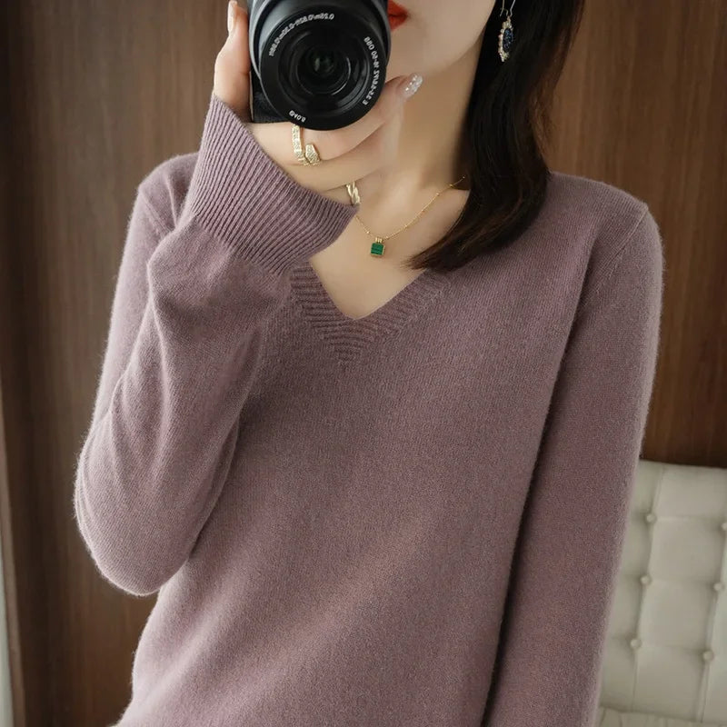 V-Neck High-Stretch Knit Sweater