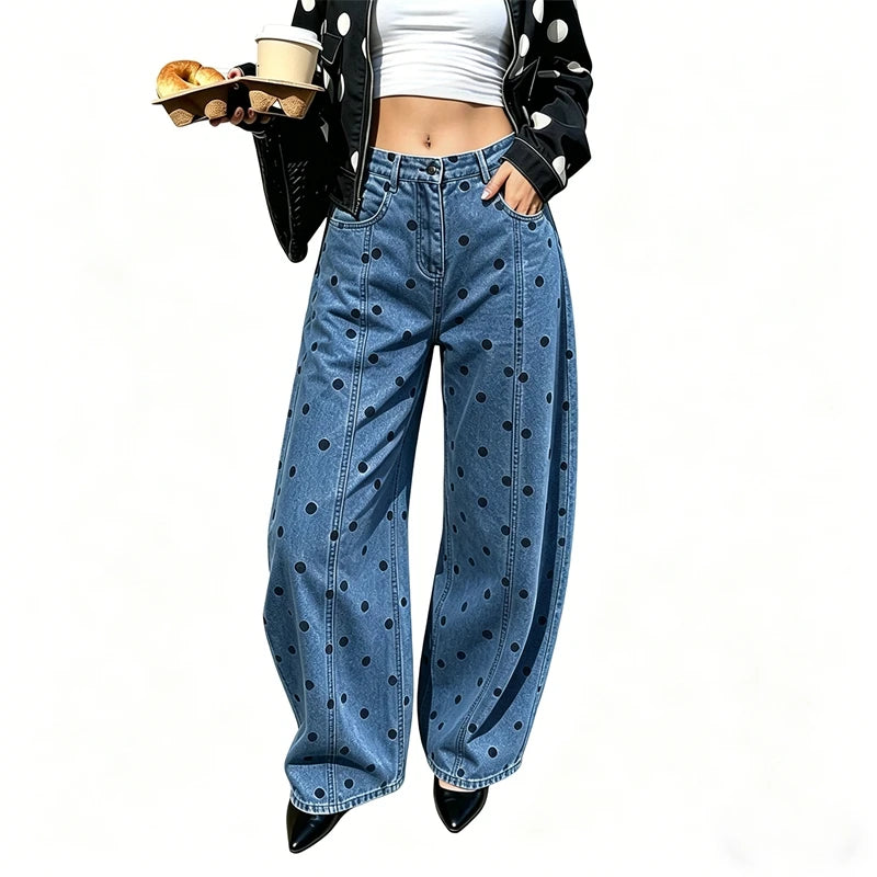 Dotted Barrel-Leg Denim Jeans