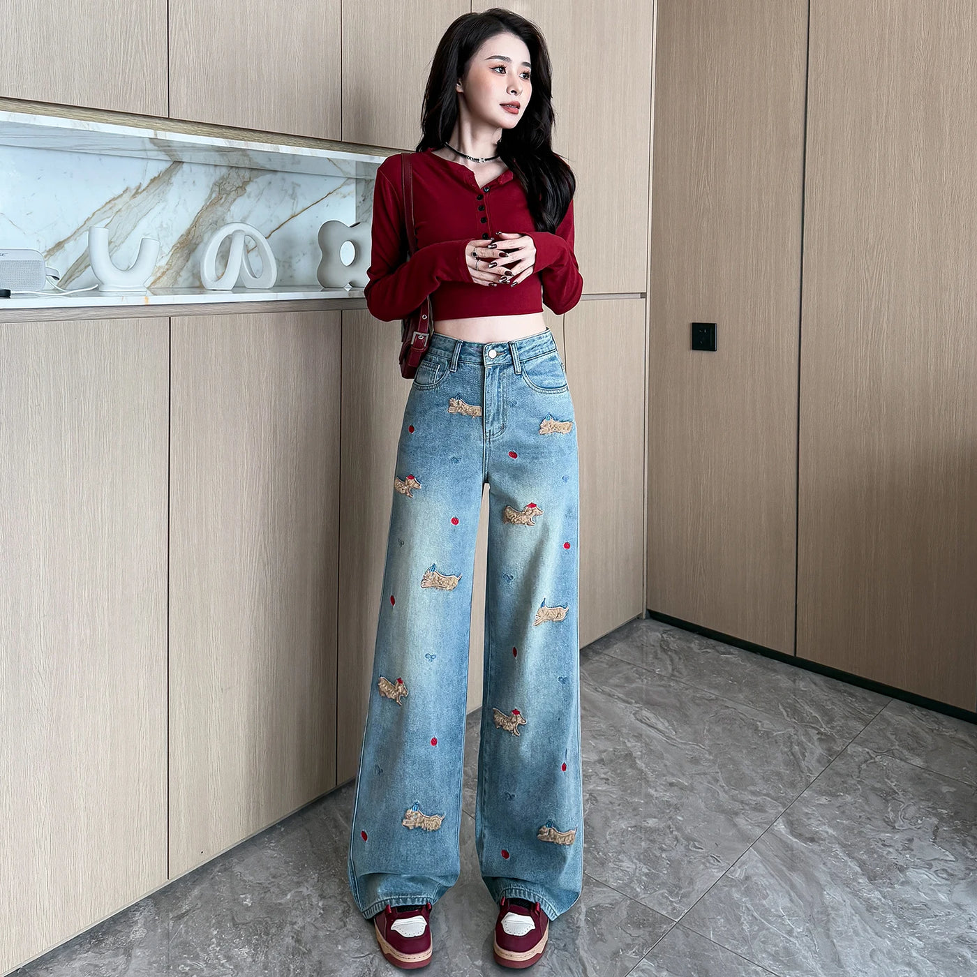 Embroidered Dog Straight-Leg Jeans