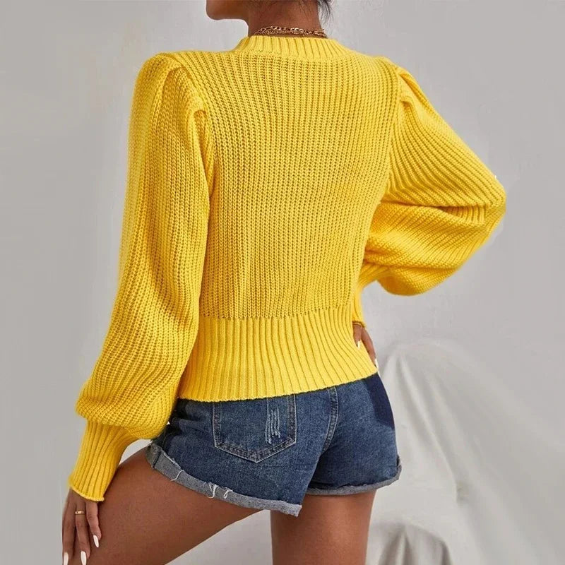 Lantern-Sleeve Relaxed Knit Pullover Sweater