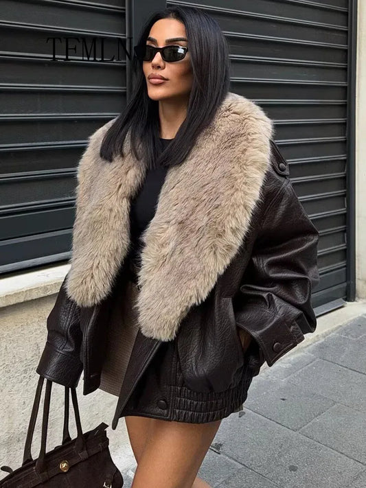 Double-Breasted Fur-Collar Faux-Leather Jacket