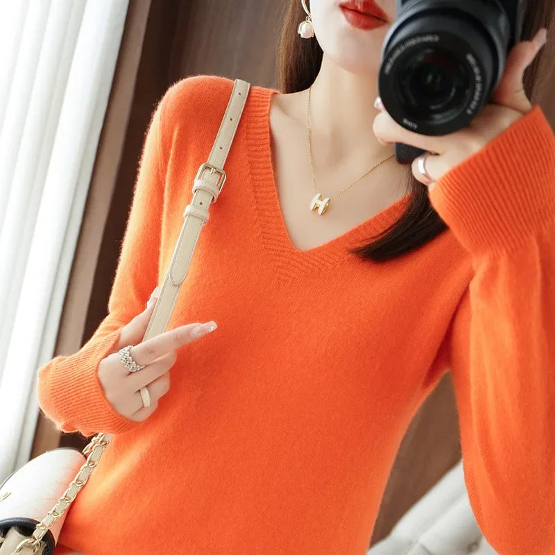 V-Neck High-Stretch Knit Sweater