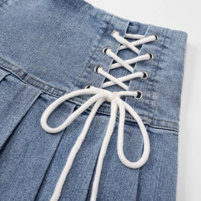 Lace-Up Pleated Denim Skirt