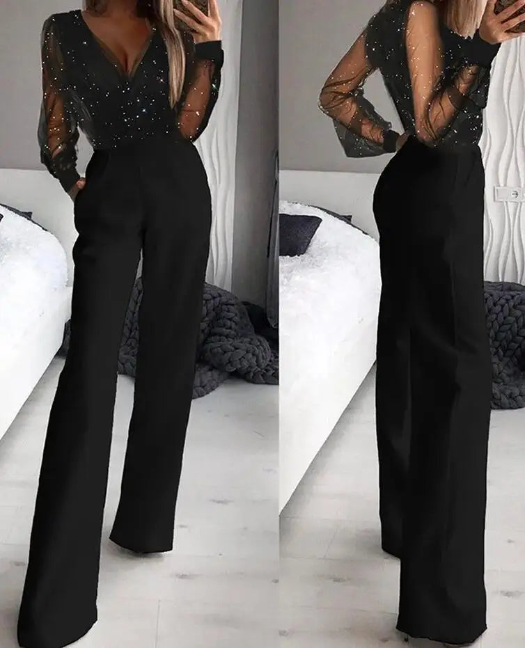 Long-Sleeve Mesh Sequin Jumpsuit
