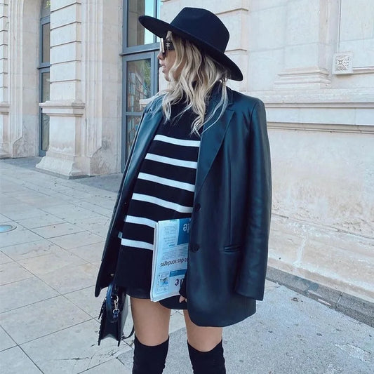 Striped Turtleneck Loose-Knit Sweater