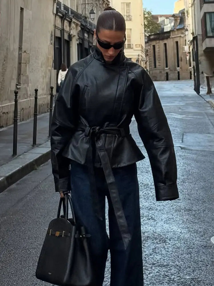 Belted Faux-Leather Trench Coat