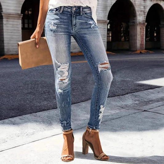 Distressed High-Stretch Straight Jeans