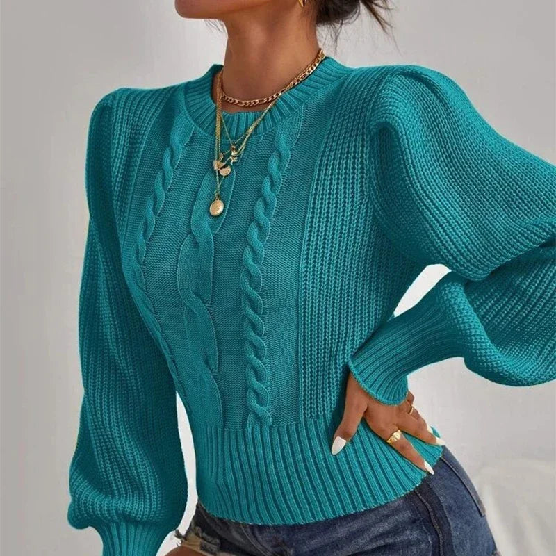 Lantern-Sleeve Relaxed Knit Pullover Sweater