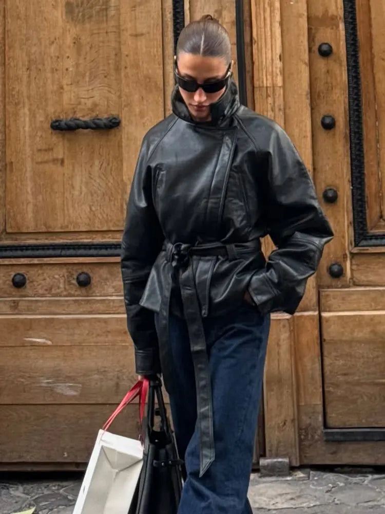 Belted Faux-Leather Trench Coat