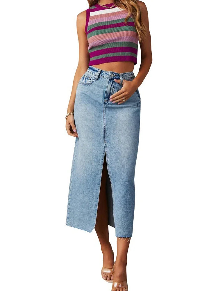 Split Washed Denim Skirt